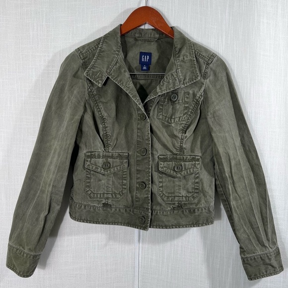Gap Olive Green Cropped Utility Military Jacket Coat Blazer Size 8 - Picture 1 of 12